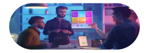 team people collaborates modern office discussing digital project displayed screen 3